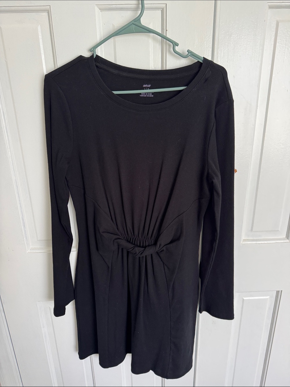aerie Black Long-Sleeve Knot-Front A-Line Dress